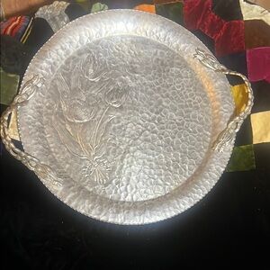 VTG 14" Hammered Hand-Wrought Aluminum Tray with Handles Rodney Kent